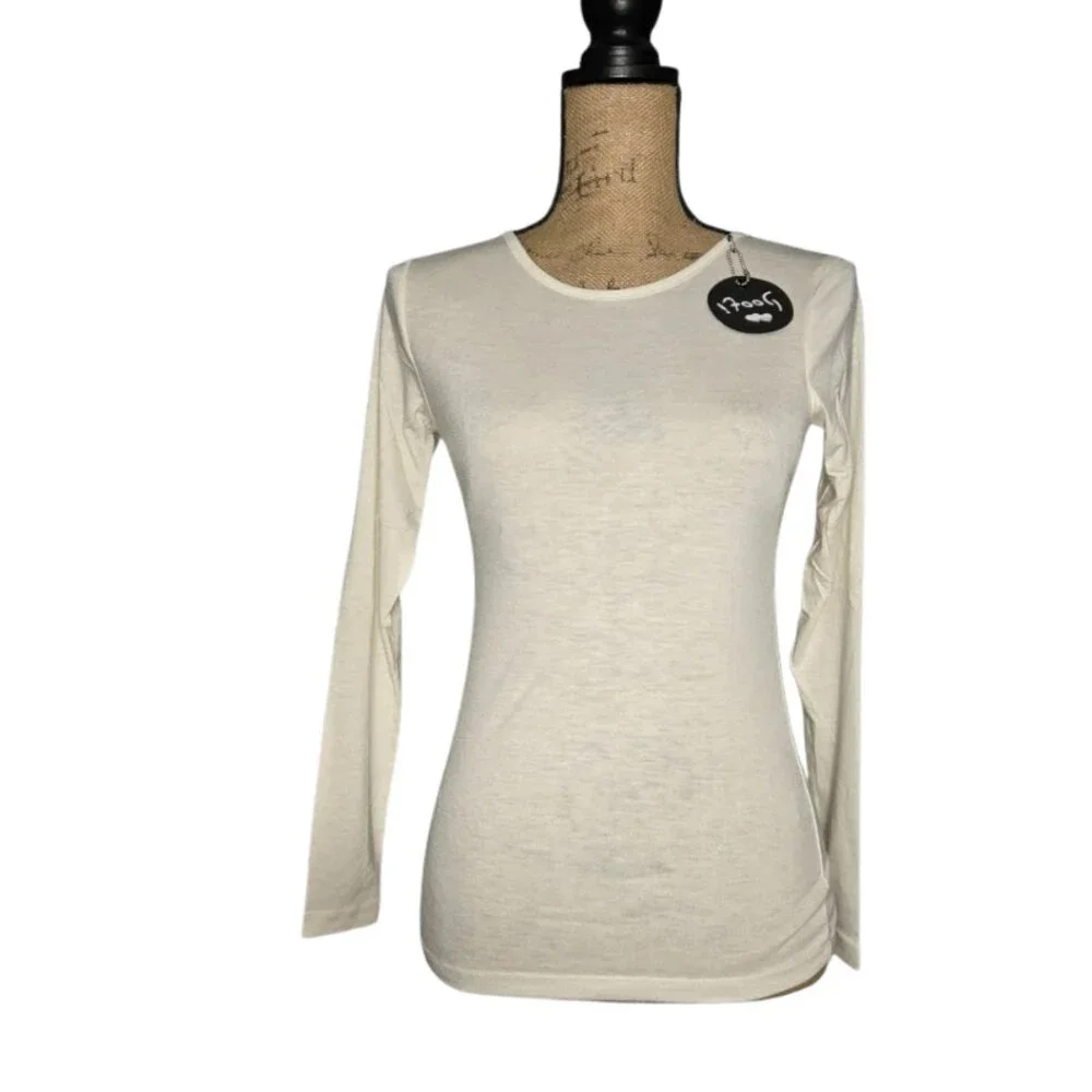 NWT Poof Women’s Cream Long Sleeve Lace Back Top Sheer Panel Keyhole Small - Picture 2 of 6